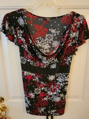Perceptions Black Red & White Cowl Neck Floral Tunic
